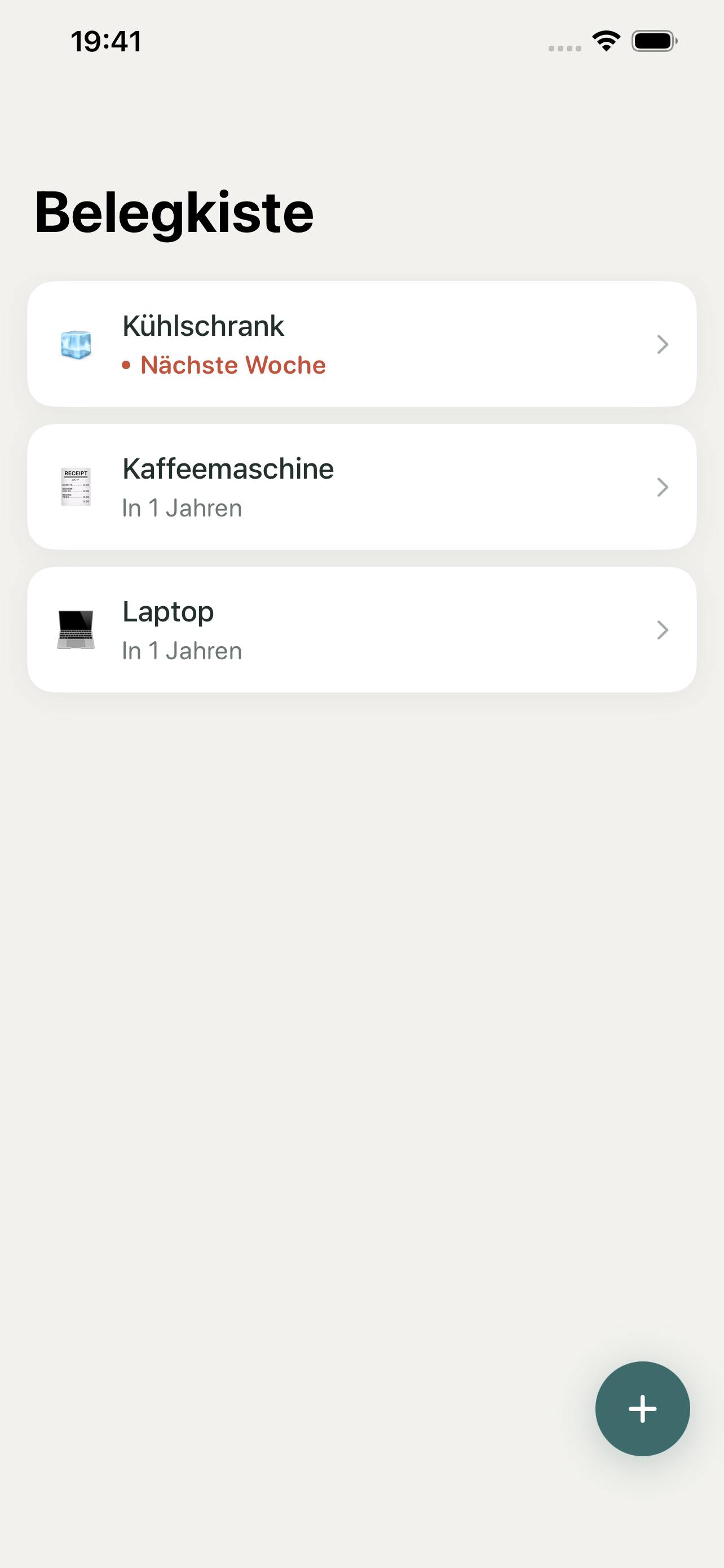 Belegkiste Hauptliste – Deine Anschaffungen auf einen Blick