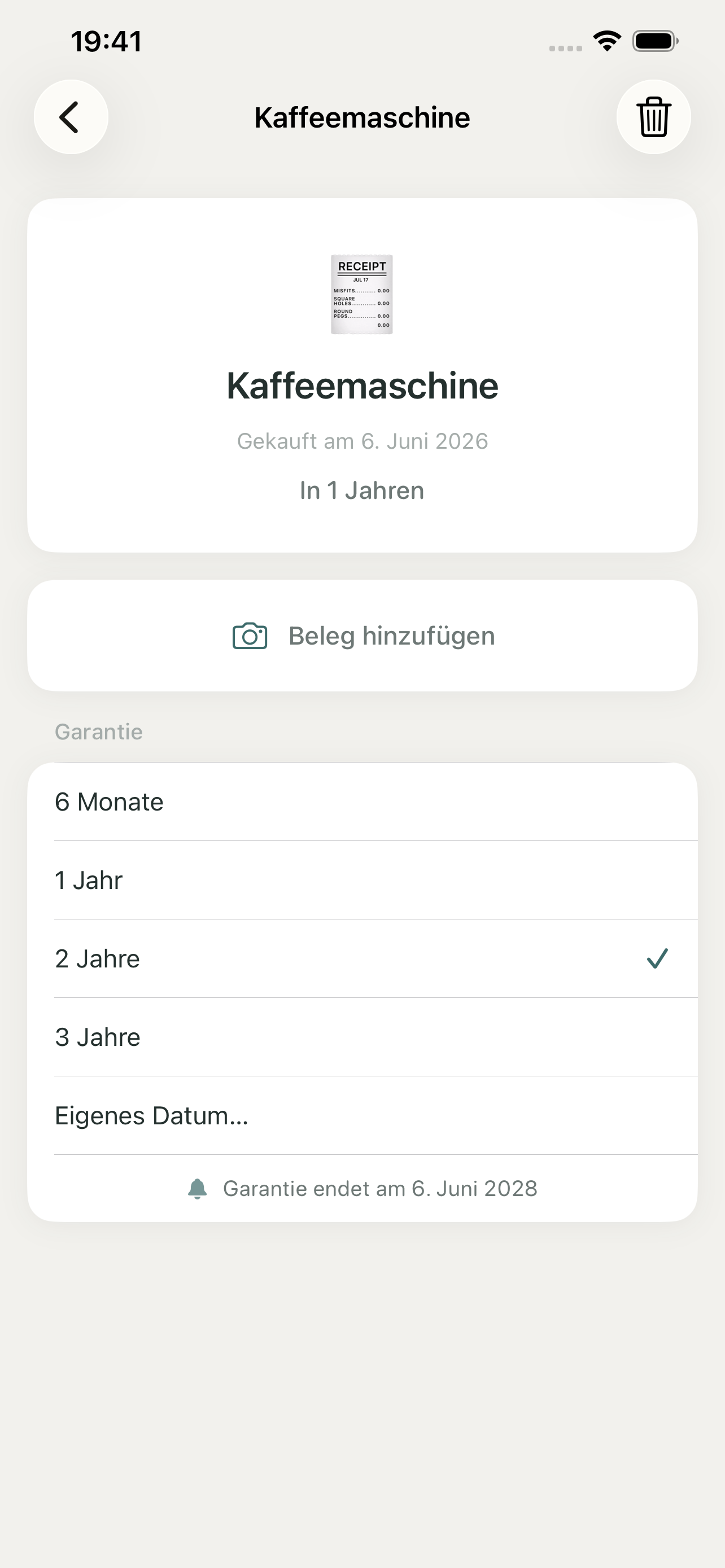 Belegkiste Detail – Garantie und Beleg verwalten